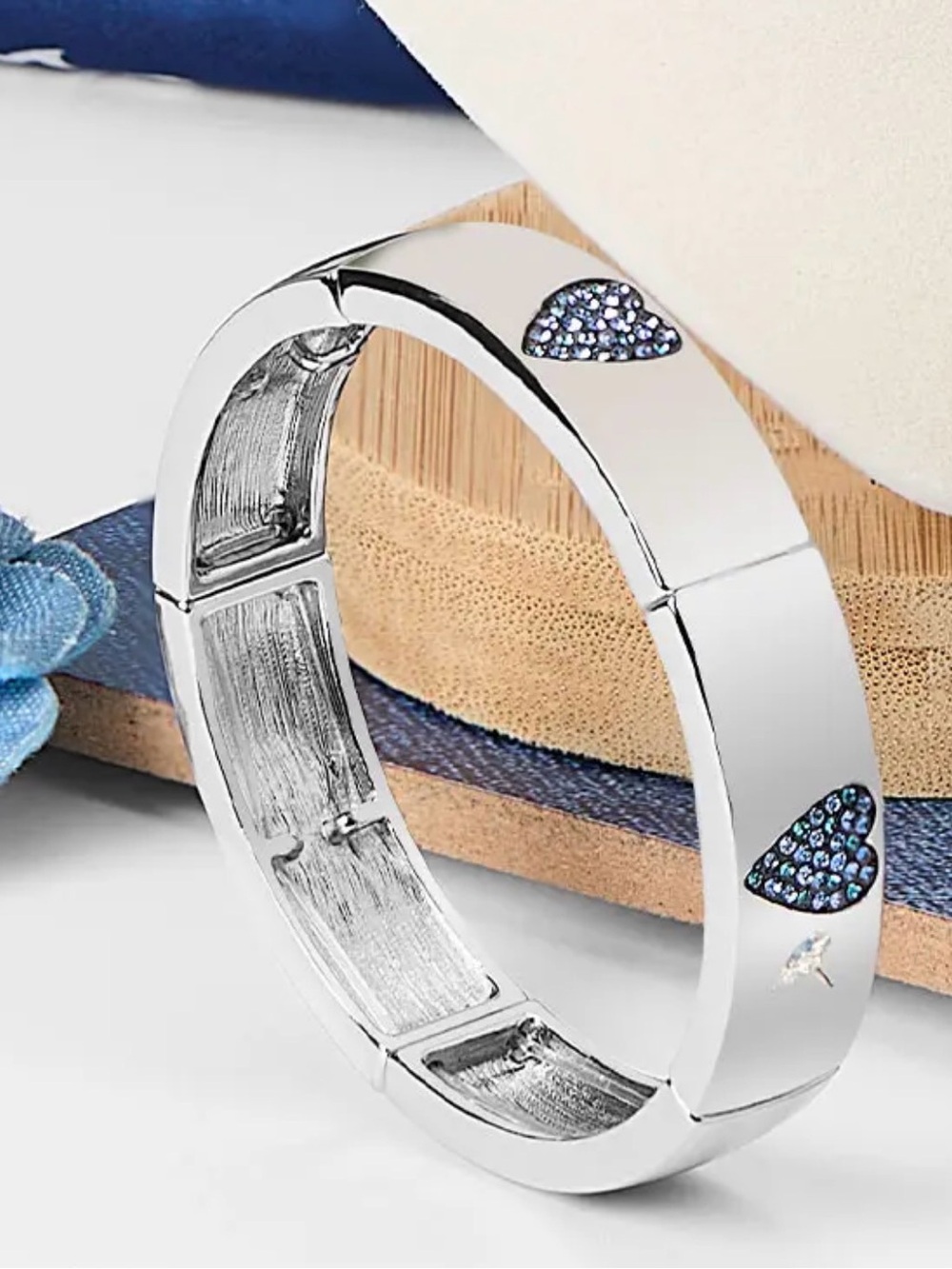 Darling Silver Bangle Bracelet with Blue Crystal Heart Accents Blue Jean Edition